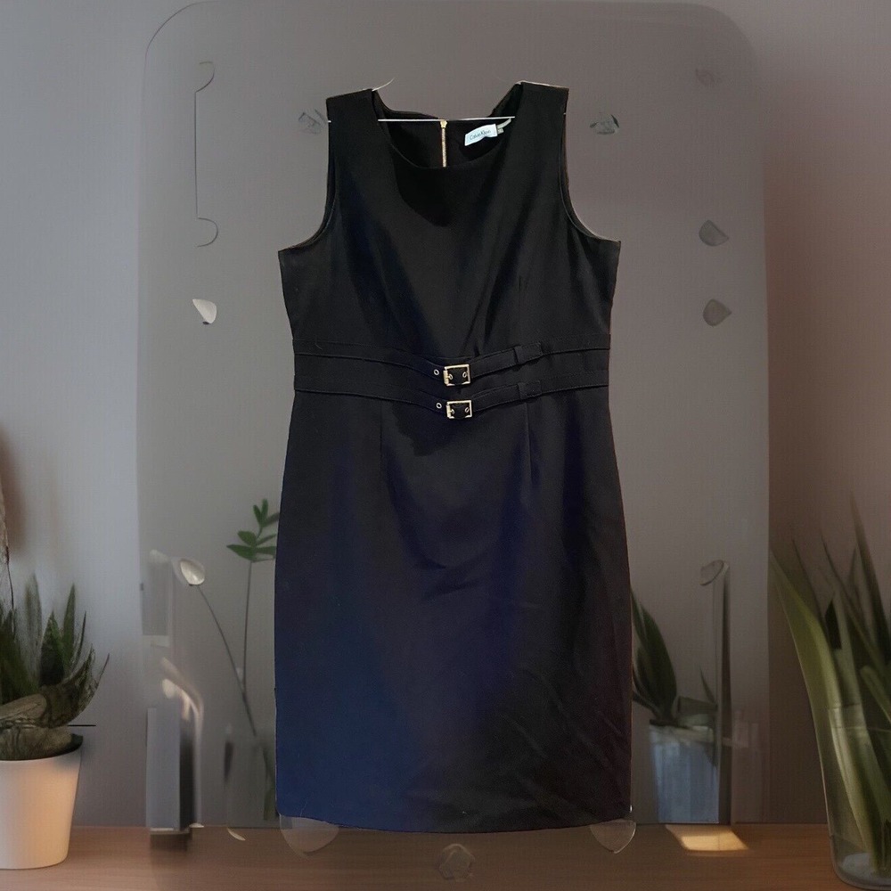 Calvin Klein Black Solid Belted Waist Gold Buckle, Pencil Dress Sleeveless Sz 12